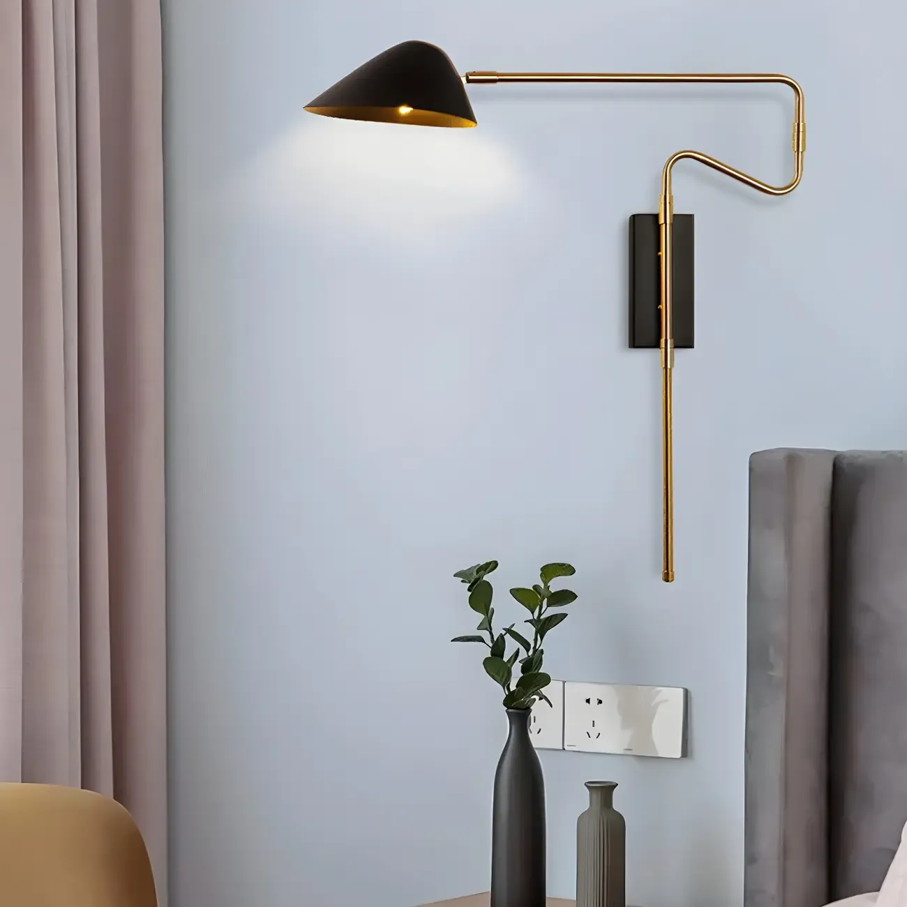 Modern Black Shade Brass Swing Arm Wall Light