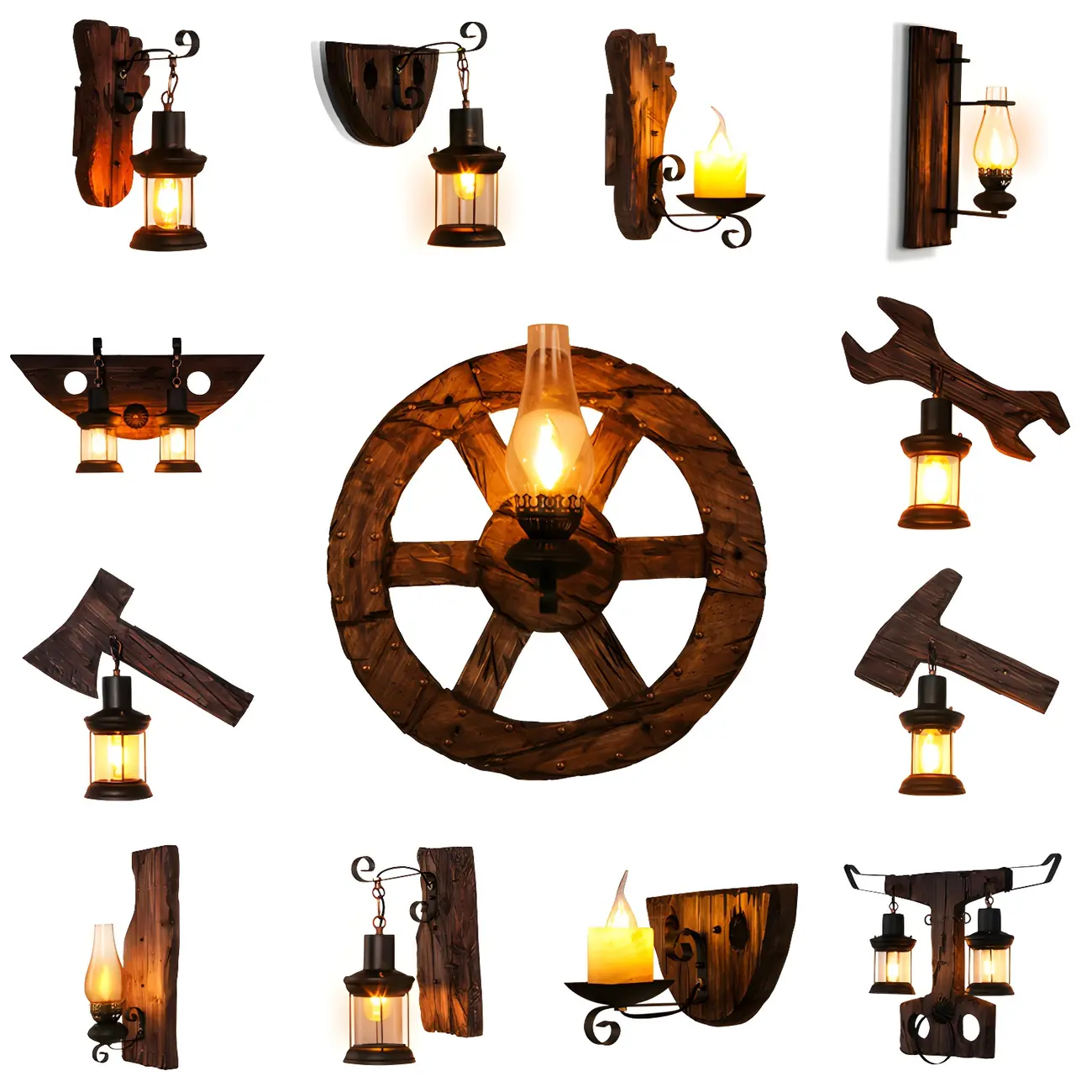 Industrial Distressed Wood Glass Black Wall Lantern Light