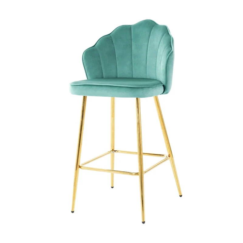 Velvet Shell Bar Stools Set of 2, Counter Height Chairs with Metal Legs, Upholstered Kitchen Island Chairs with Footres