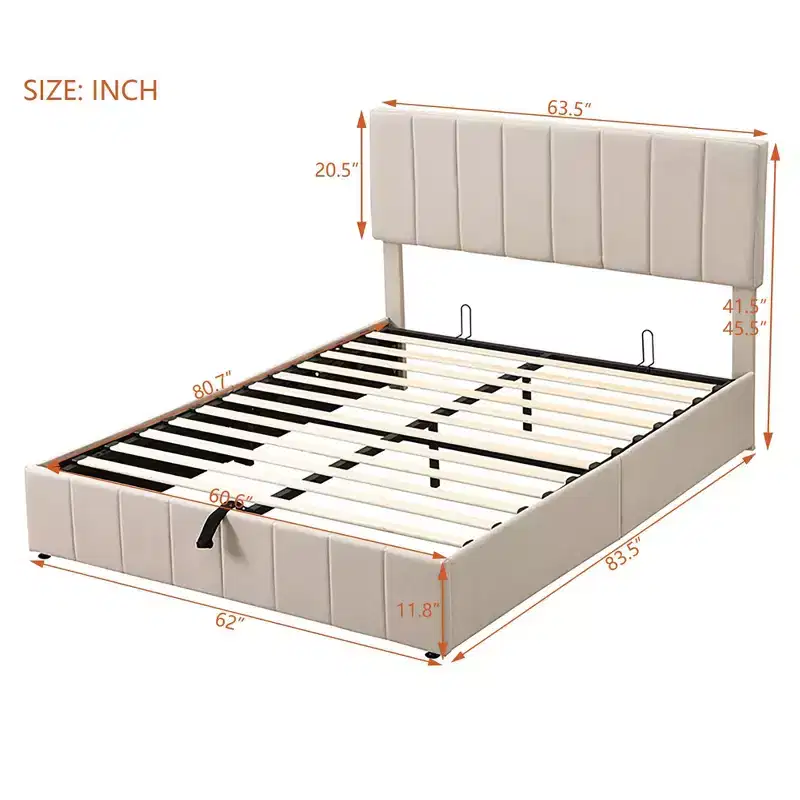 Queen size Upholstered Platform bed with a Hydraulic Storage System - Beige