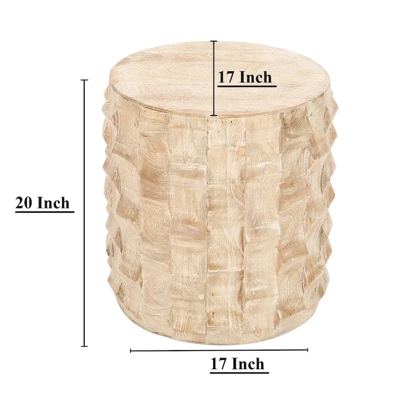 20 Inch Side End Table, Round Drum Shape with 3D Textured Design, Distressed White Finish