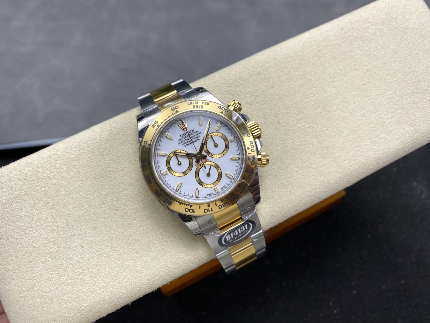 Rolex Daytona due tone replica on beige watch roll