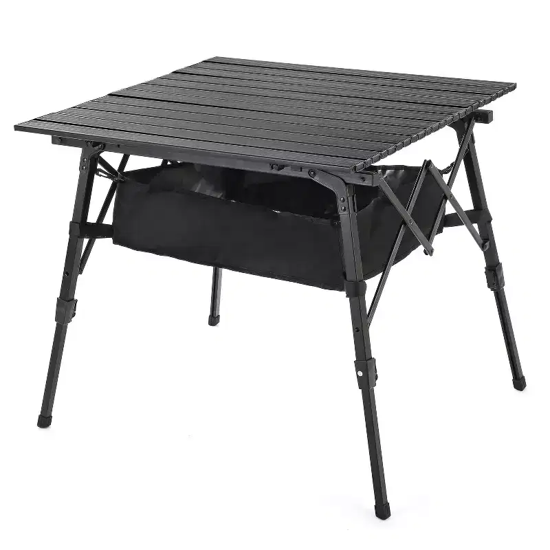 Arrowhead Outdoor Height-Adjustable Aluminum Roll-up Folding Camp Table with Under-Table Mesh Storage and Carry Bag, Black
