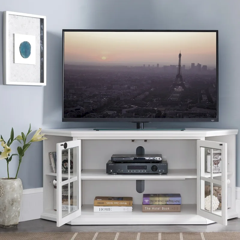 White Corner TV Stand with Bookshelf Storage