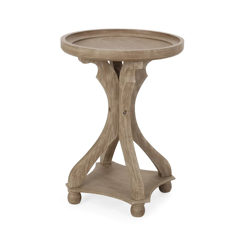 Natural & Distressed White French Country Round Accent Side Table, 1-Person