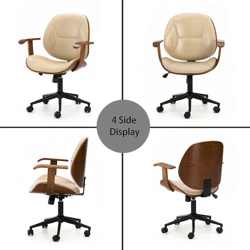 PU Leather Swivel Office Chair with Bamboo Armrests – Cocoa / Brown / Black, Mid-Back, Single User