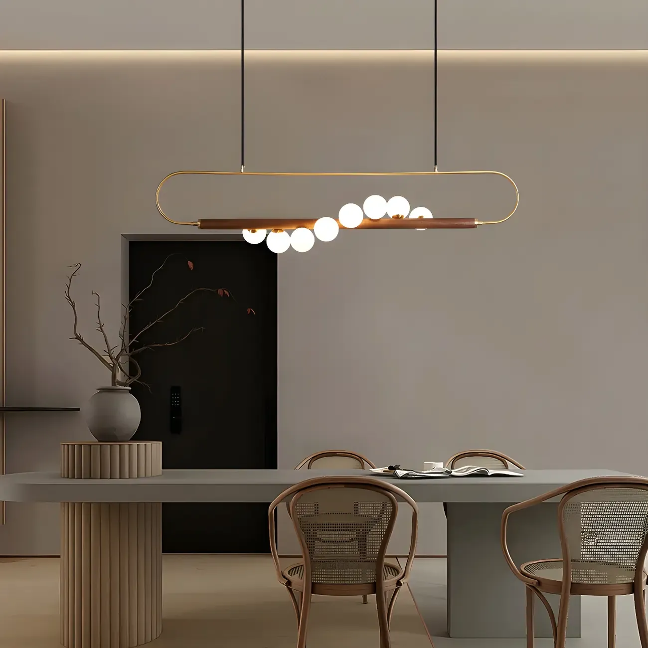 Modern Brass Wood Linear Island Pendant Light