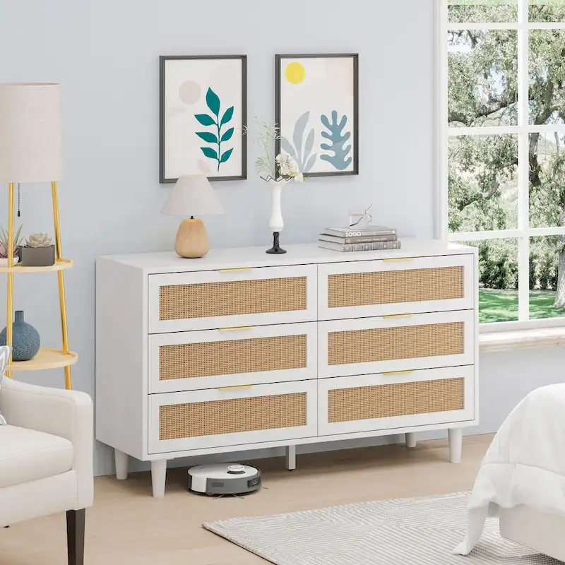 White Rattan Storage Cabinet with 6 Drawers