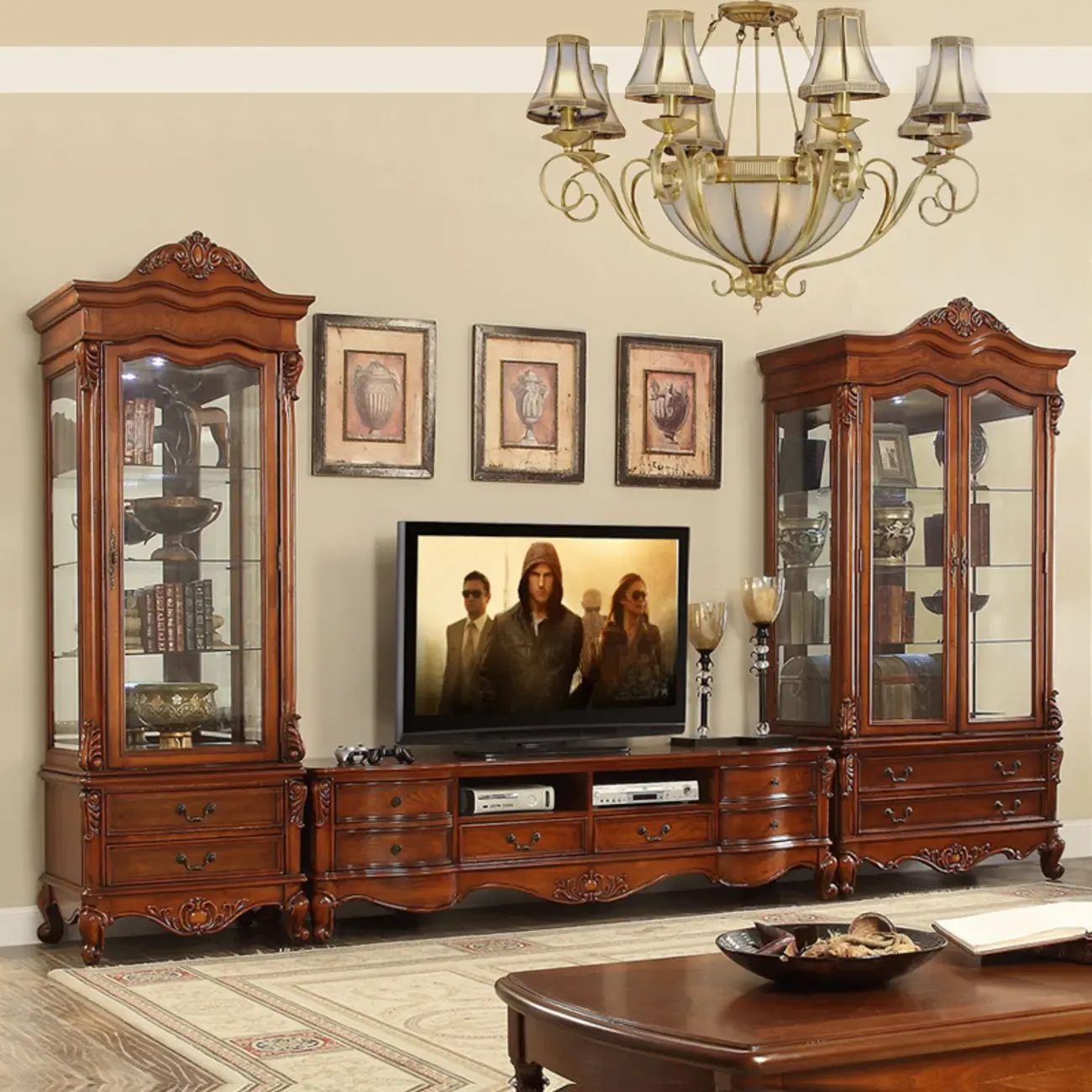 Traditional Brown 2-Drawer Wooden Wine Cabinet Glass Doors