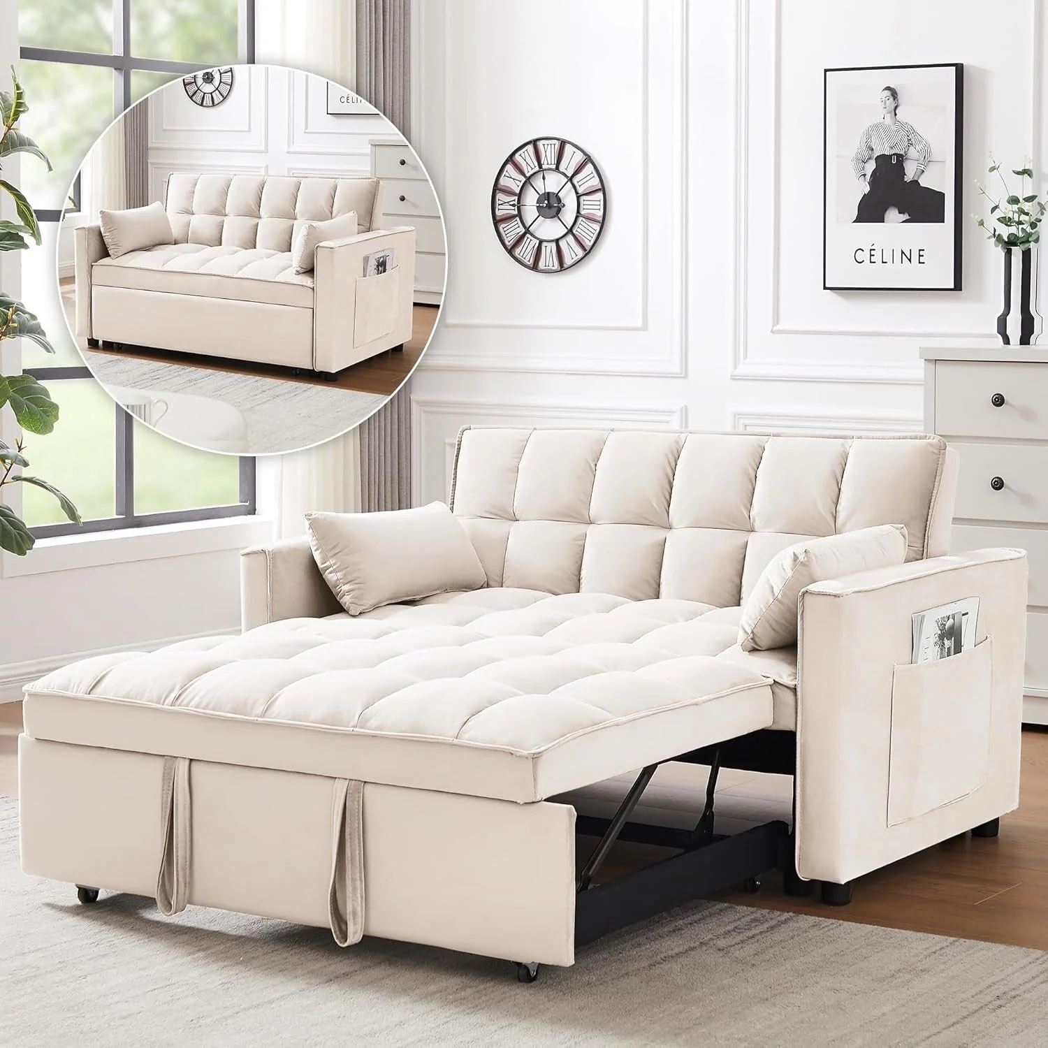 3-in-1 Convertible Sleeper Sofa Bed - Velvet Futon Couch with Adjustable Backrest & Side Pocket for Small Spaces