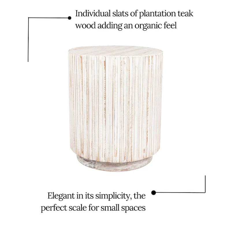 Distressed White Teak Wood Plank Drum Table by