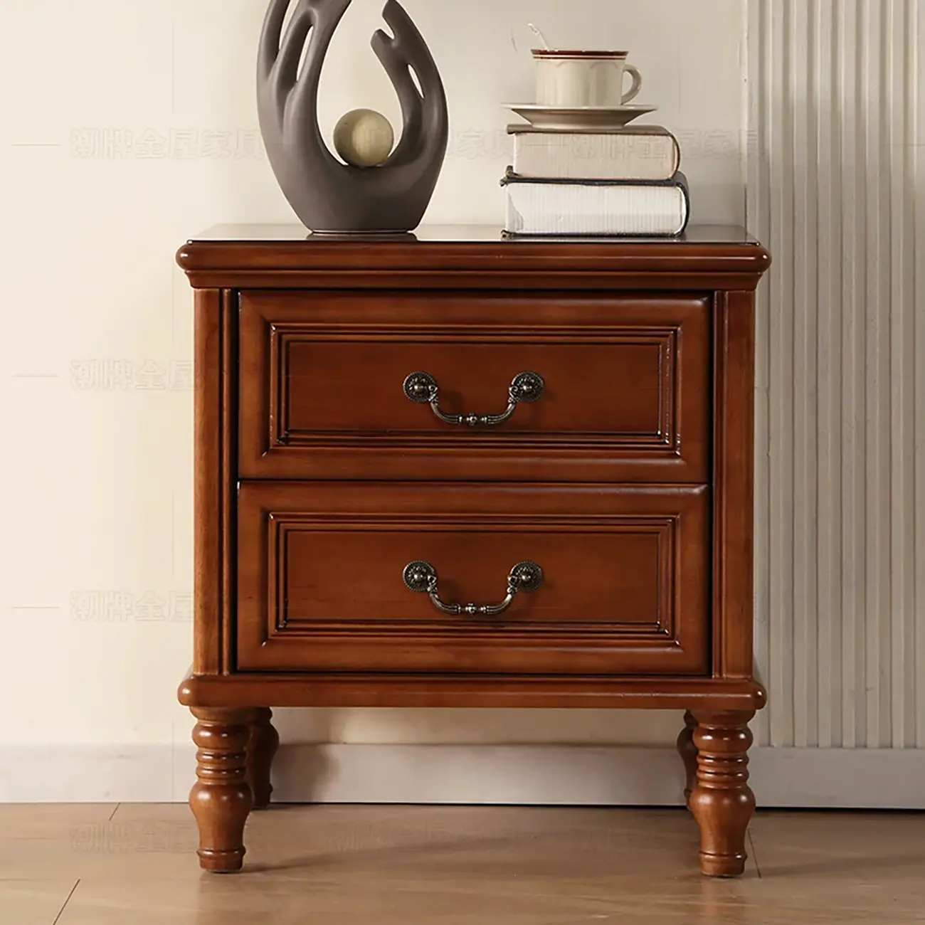 Victorian Brown 2-Drawer Wood Nightstand for Bedroom