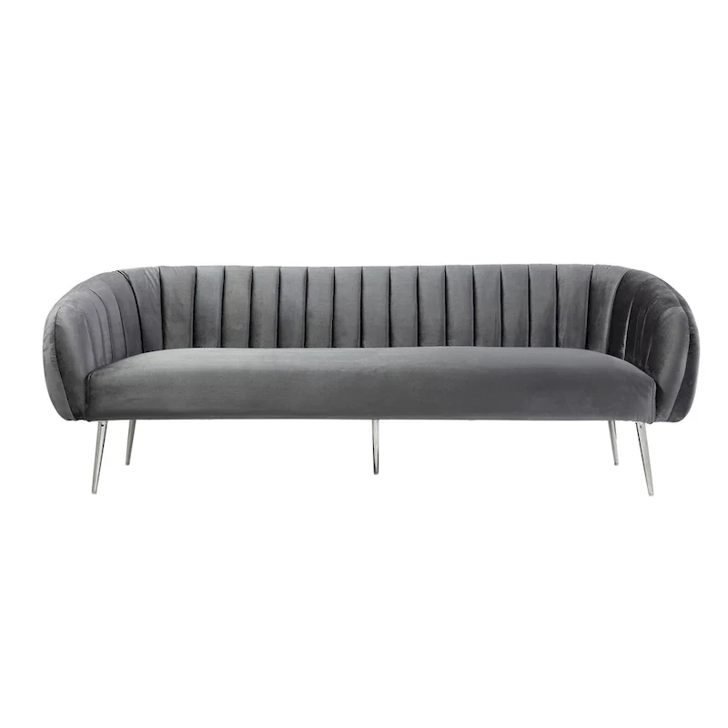 Decy 74 Inch Sofa, Channel Stitched, Cushioned Seat, Gray Velvet, Silver