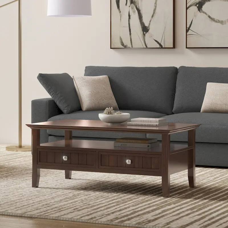 Normandy SOLID WOOD 48 inch Wide Rectangle Transitional Coffee Table with Drawer in Brunette Brown