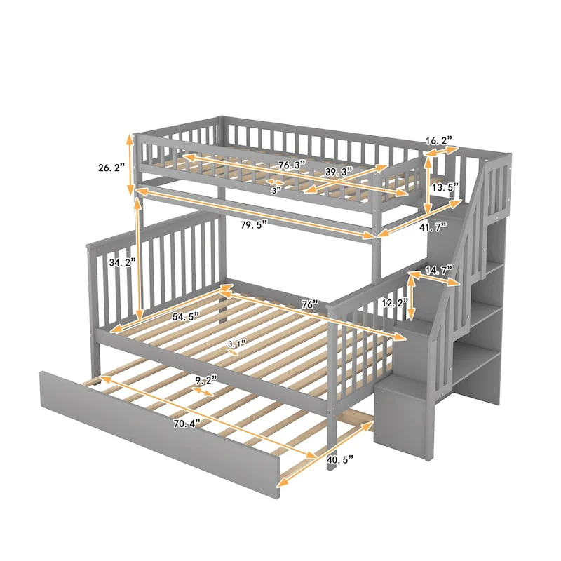 Grey/White Twin over Full Bunk Bed with Trundle & Storage Staircase, Sleeps 3