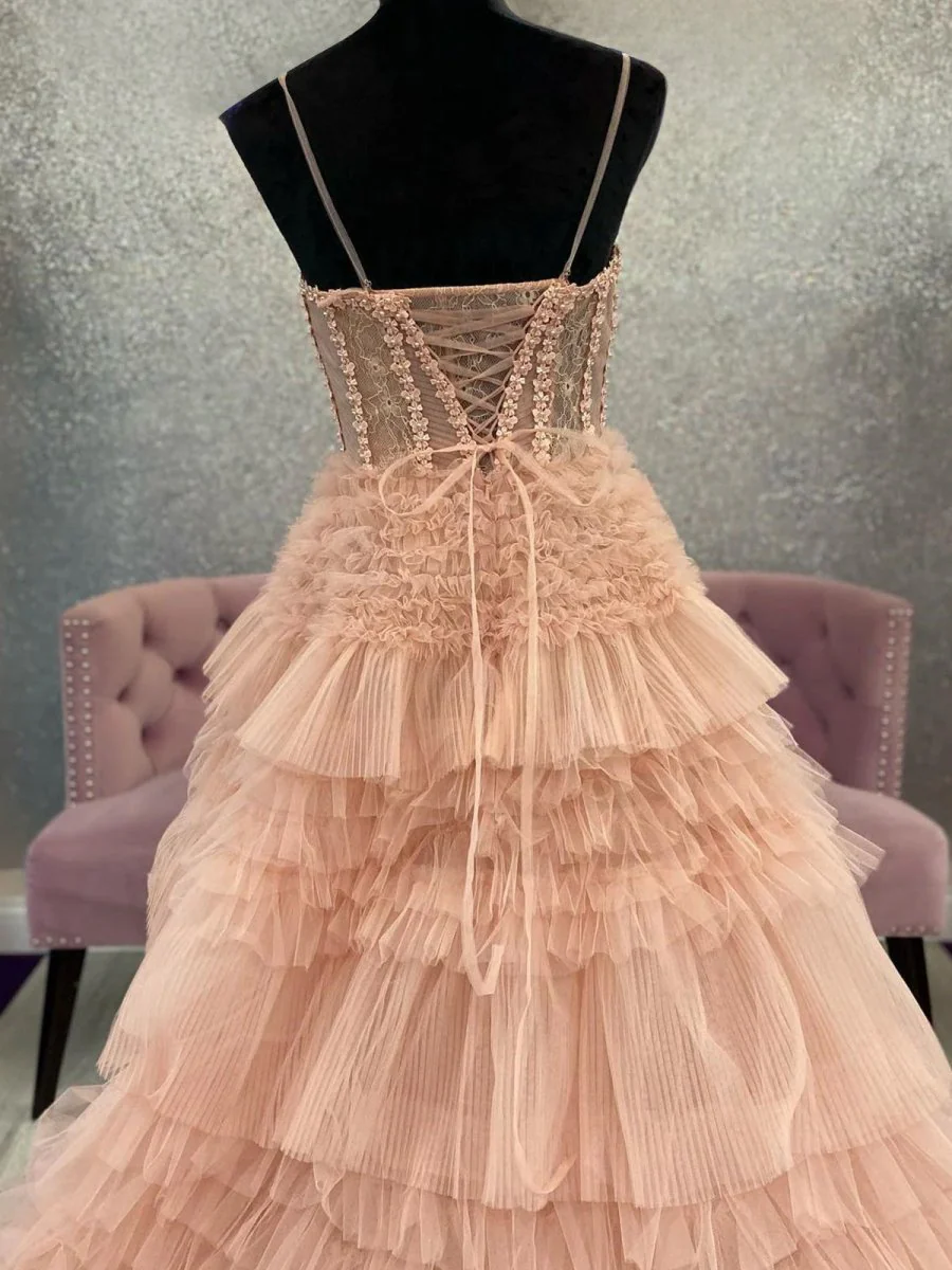 Blushing Pink Tulle Ruffle Layers Lace-Up Back A-Line Prom Dress