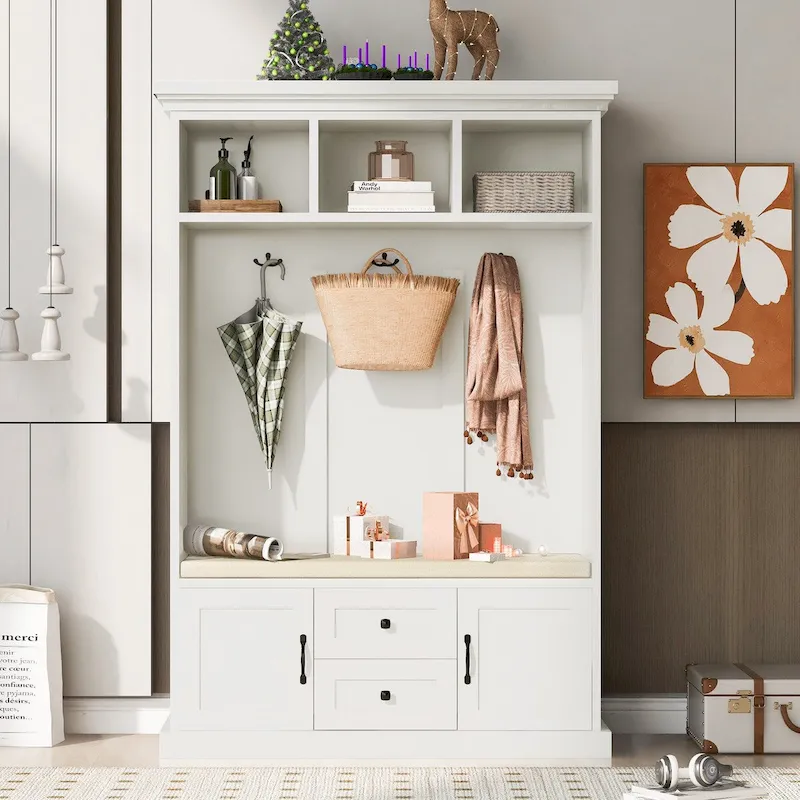 Classic Hall Tree with 3 Hooks,Coat Hanger,Storage Bench for Entrance,Hallway