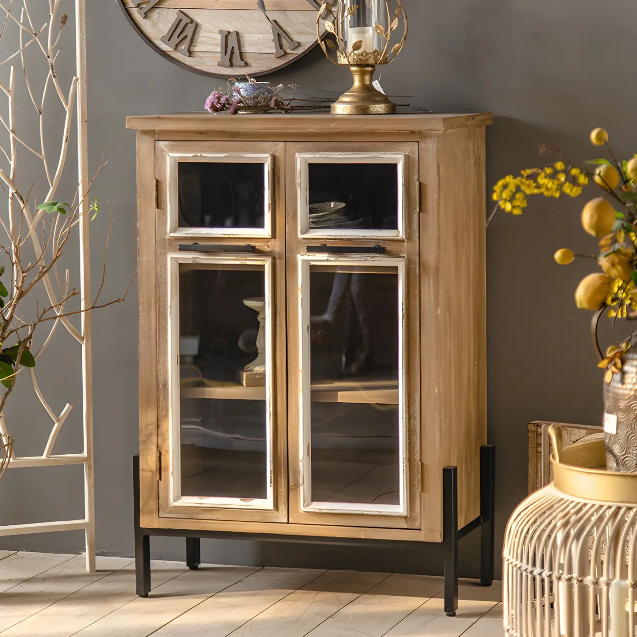French Country Brown Wood China Cabinet with Glass Door