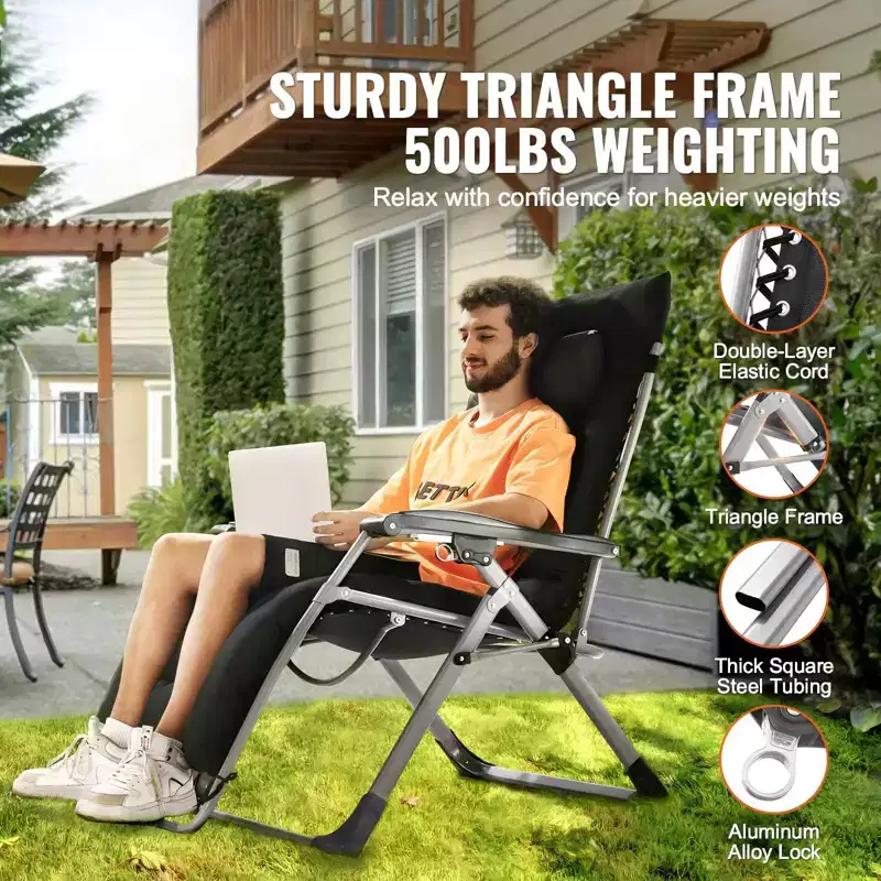 26 in Zero Gravity Recliner Chair Folding Lounge with Cushion Tray 500 lbs Black