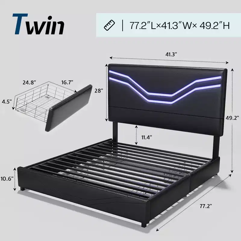AMERLIFE Twin Size Bed Frame with LED Lights and Storage Drawers, Adjustable Leather Upholstered Headboard, No Box Spring Needed, Black