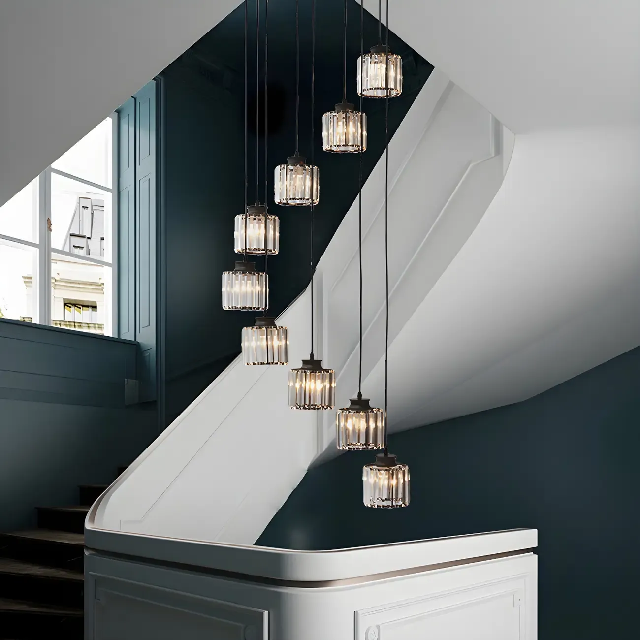 Contemporary Stairwell Spiral Cylinder Crystal Pendant Light
