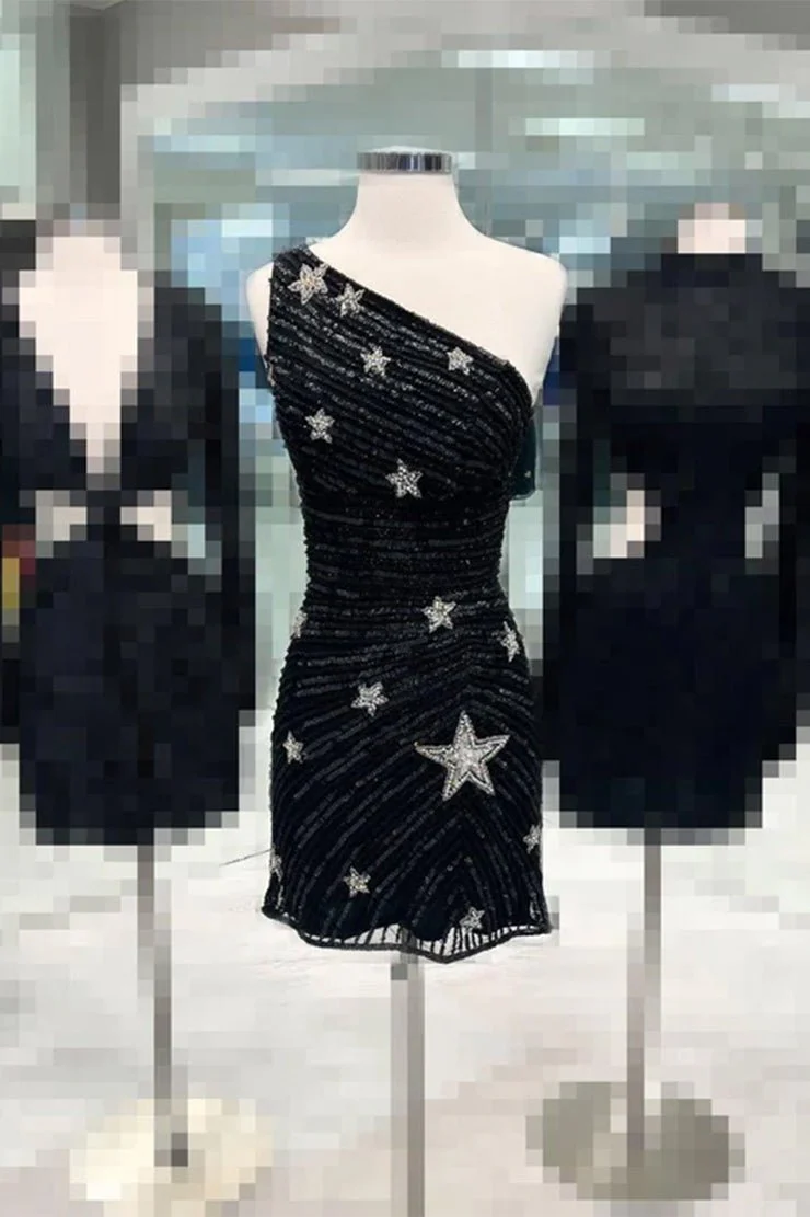 Sparkly Black Bodycon One Shoulder Sequin Star Mini Party Dresses