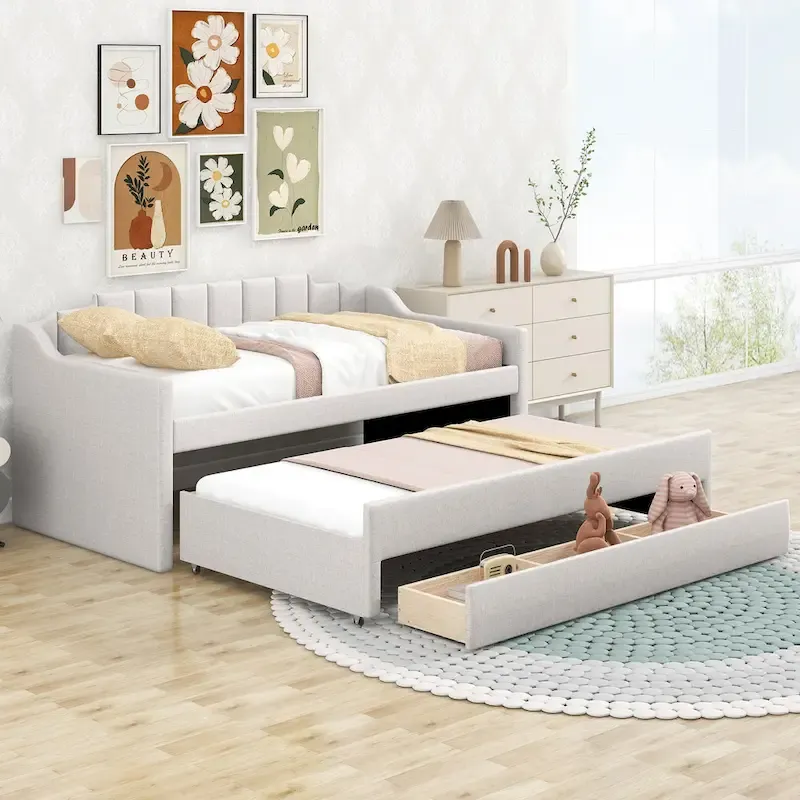 Beige Twin Upholstered Daybed with Trundle & 3 Drawers, Sofa Style, 1-Person