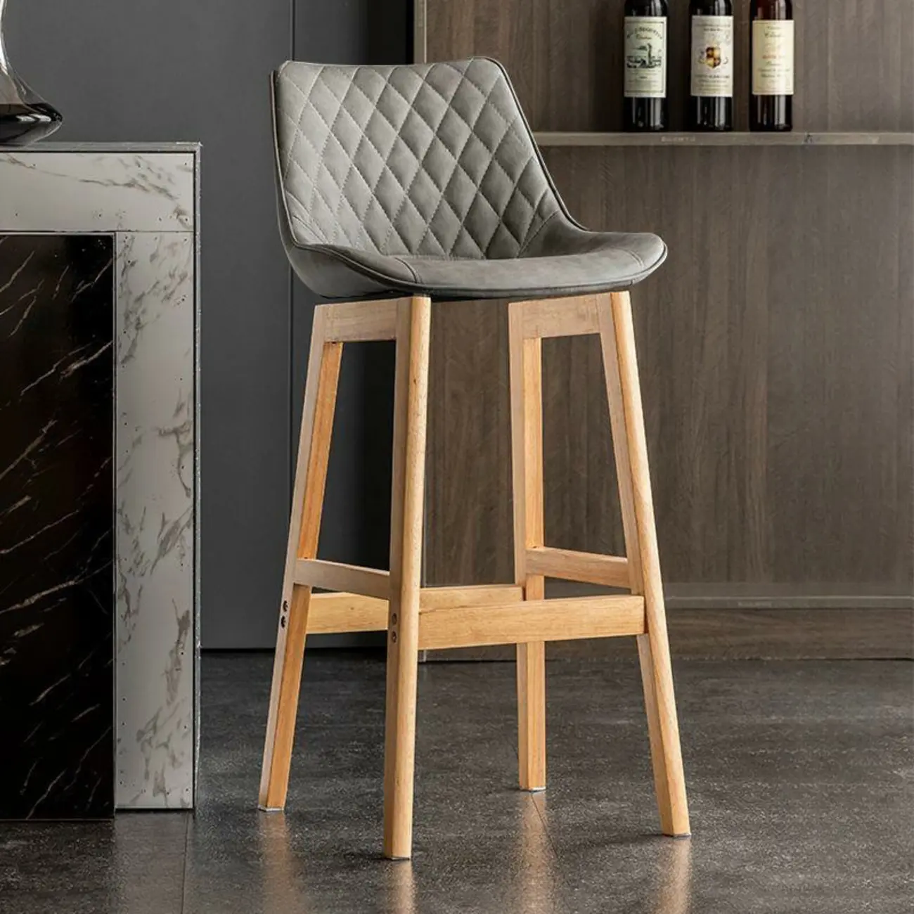 Modern Wood Tufted Upholstered Leather Bar Stool
