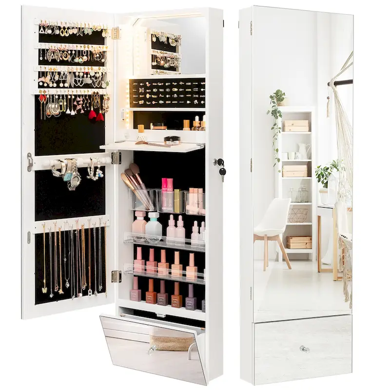 Wall Mounted Jewelry Cabinet Armoire Full-Length Mirror w/ LED