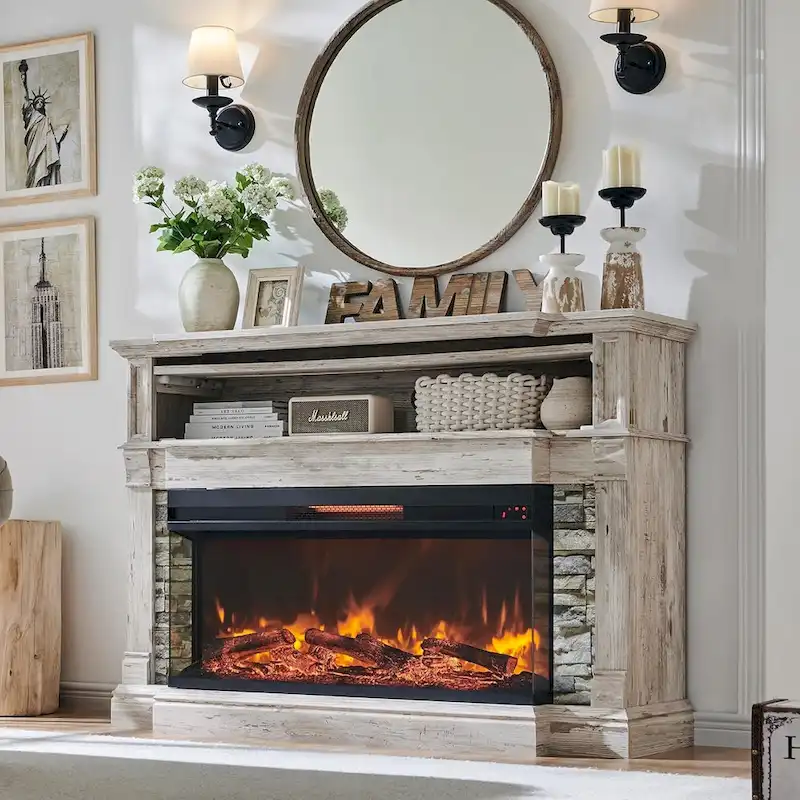 Natural Oak / White / Dark Oak 3-Sided Glass Electric Fireplace TV Stand, Fits TVs up to 65
