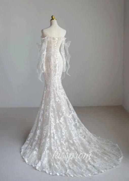 Lace Mermaid Covered-Button Long Sleeve Train Wedding Dress