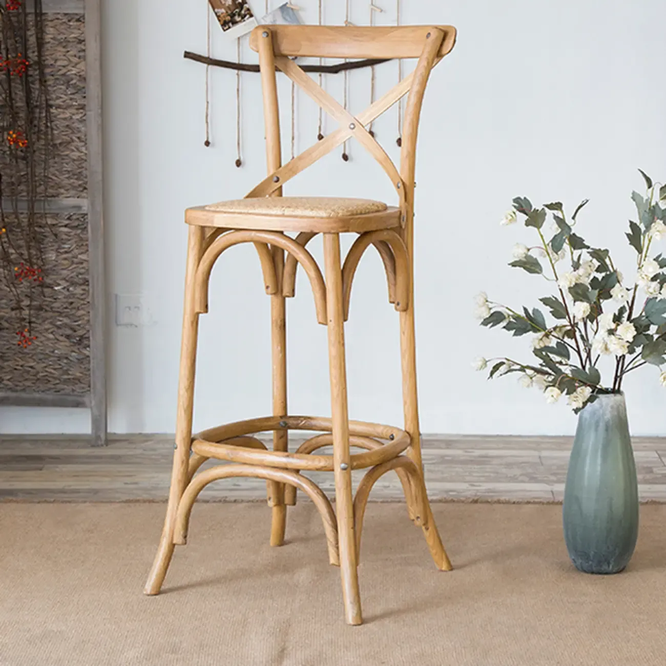 Rustic Farmhouse Wooden Square Rattan Cross Back Bar Stools