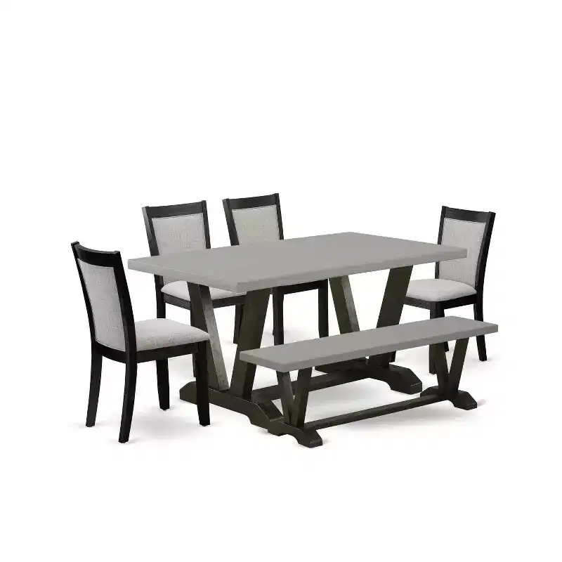 HomeStock 6-Piece Rectangle Natural Oak Finish Solid Wood Top Dining Table with 1-Bench, 4 Upholstered-Chairs