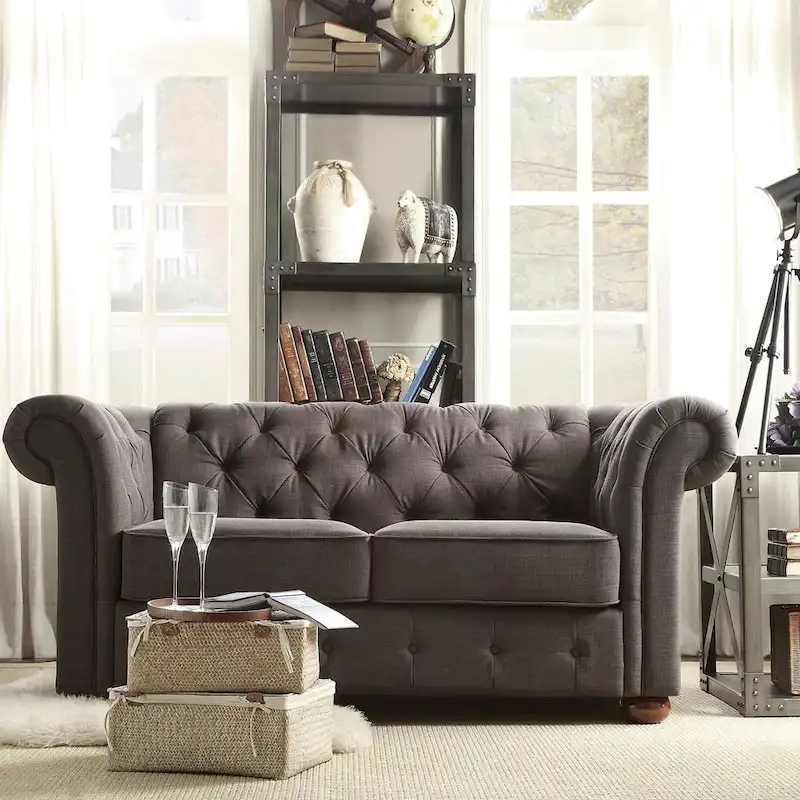 Grey Linen Tufted Chesterfield Loveseat, 2-Seat