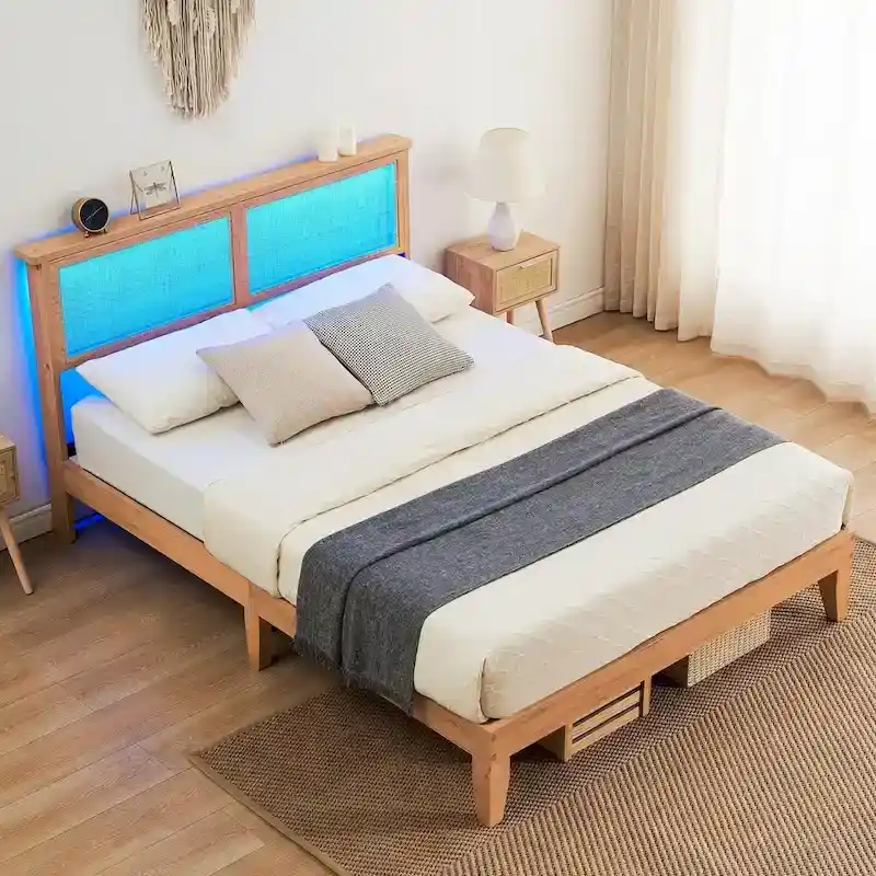 Bed Frame with Natural Rattan