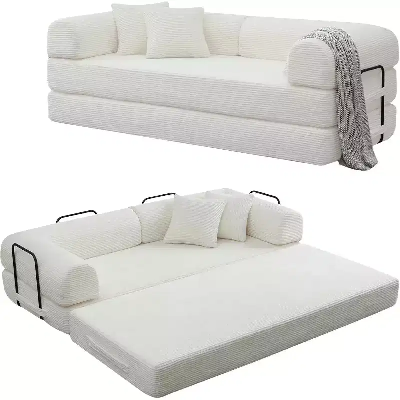 MooxvMoo 4-in-1 Convertible Queen Sleeper Sofa Bed, Foldable Corduroy Futon with Fixed Frame & Pillow, for Living Room, Bedroom, Apartment