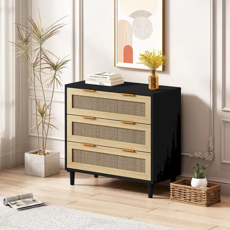 Black 3-Drawer Rattan Storage Dresser, Single