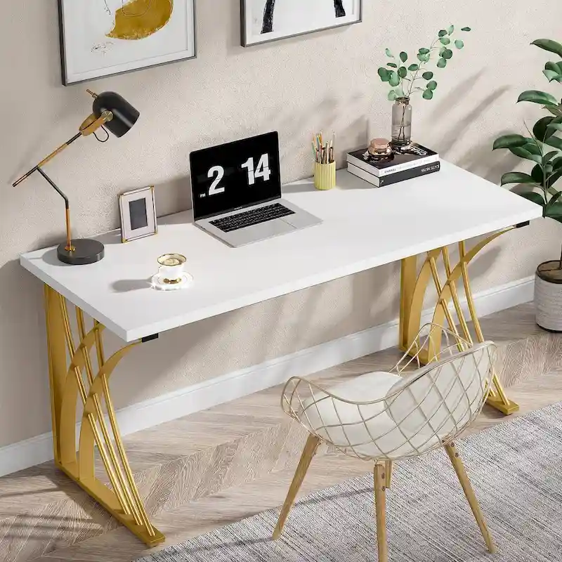 Modern Gold/White Computer Desk, 55 inch Dining Table with Gold Legs, Vanity Table, Conference Table