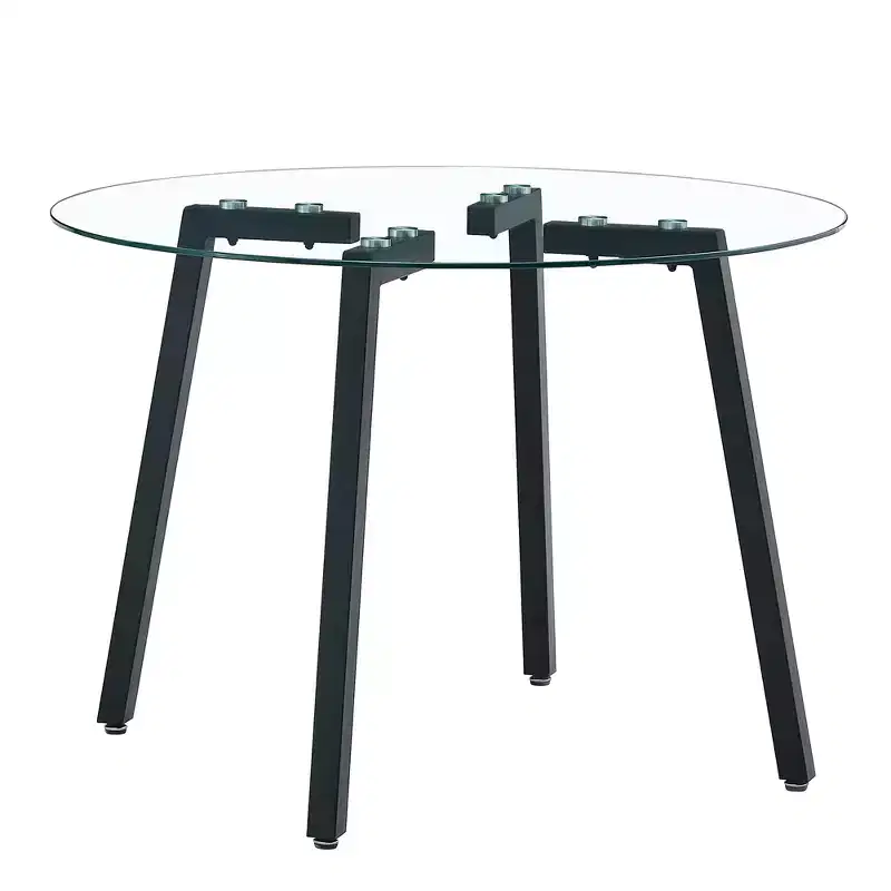 Coffee Table, Modern Minimalist Style Circular Transparent Tempered Glass Table, Tempered Glass Tabletop, Metal Table Legs Black