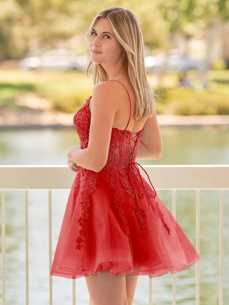 A-Line Spaghetti-Straps Sky Blue Lace Homecoming Dress With Appliques