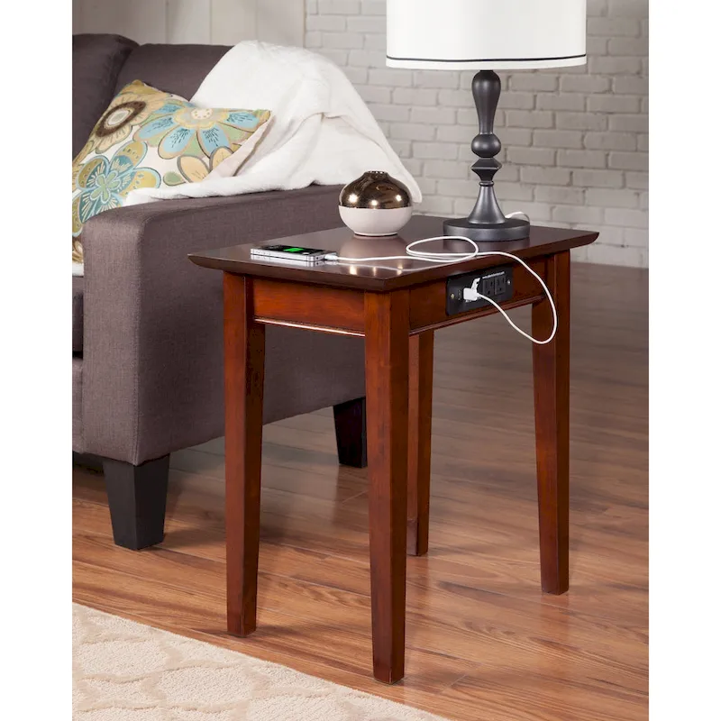 Walnut Shaker Style Solid Hardwood Side Table with Built-in Charging Station - Single Use