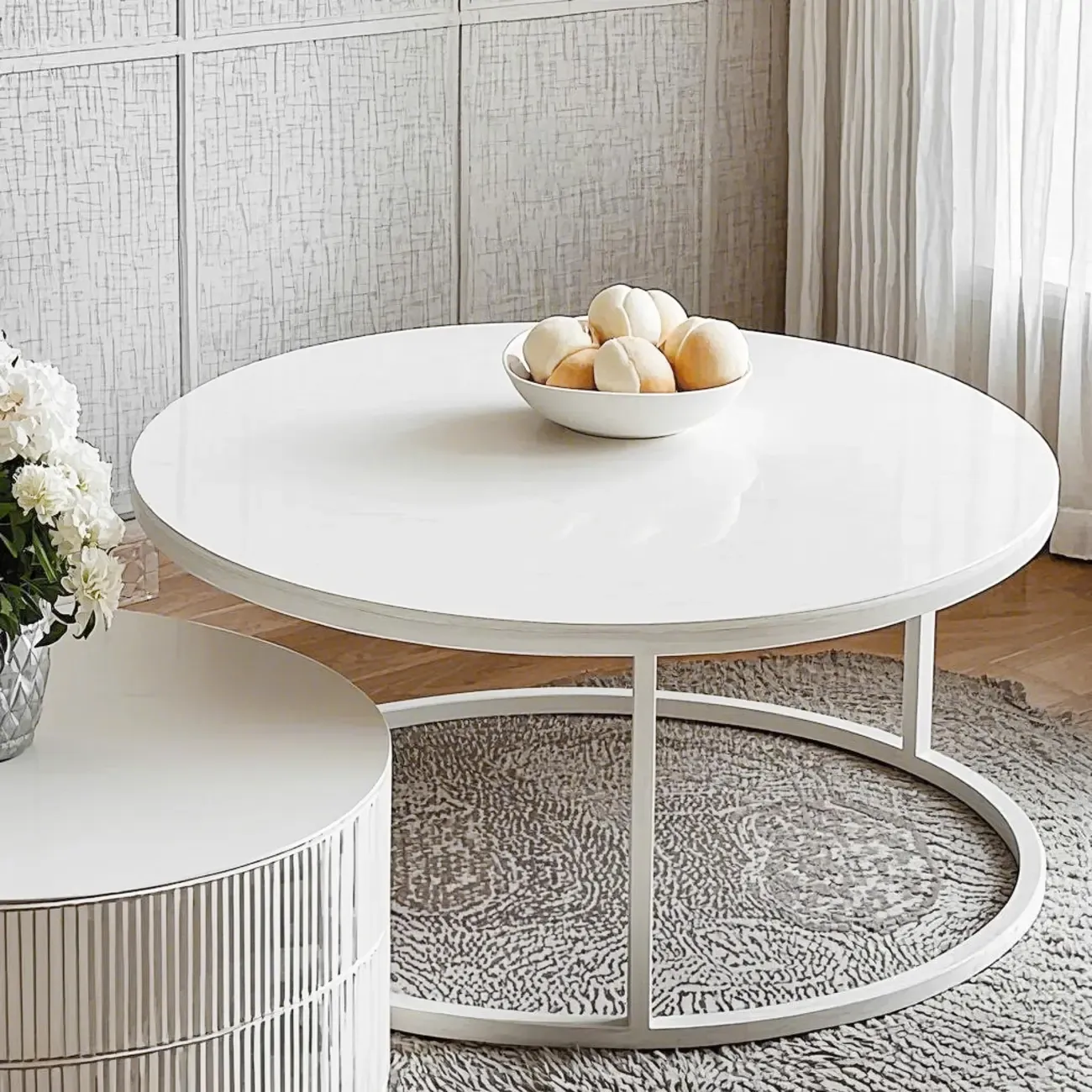 White Round Wheeled Round Wood Drawer Coffee Table