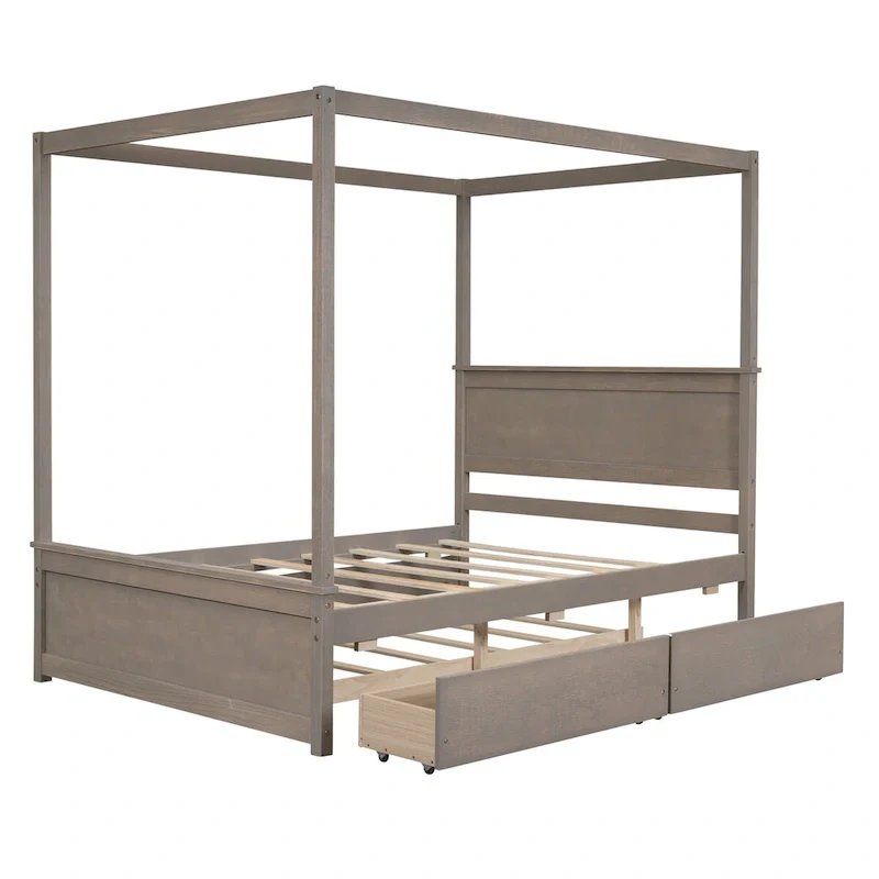 Full Size Wood Canopy Bed with Trundle, Drawers, and Support Slats