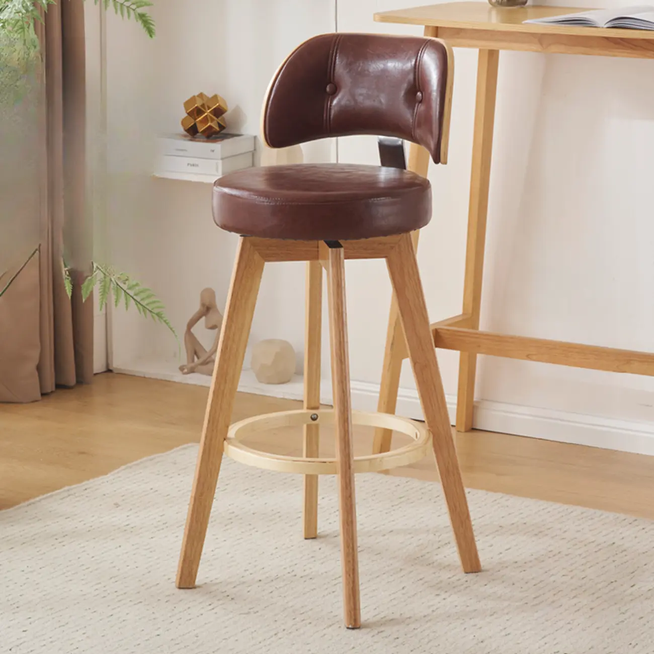Natural Wood Round Leather Swivel Bar Stools