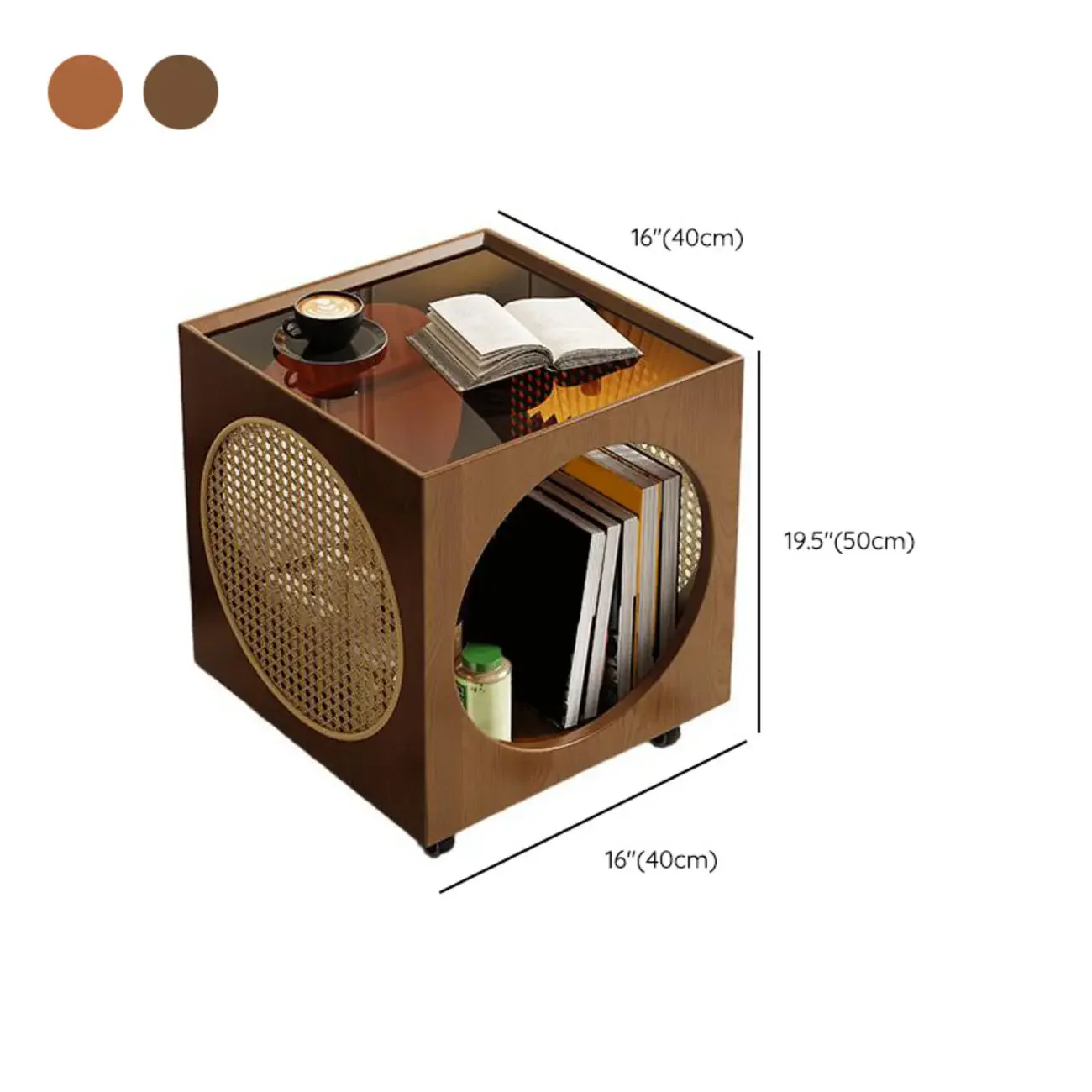 Mid-Century Modern Rolling Glasstop Square Wood Side Table