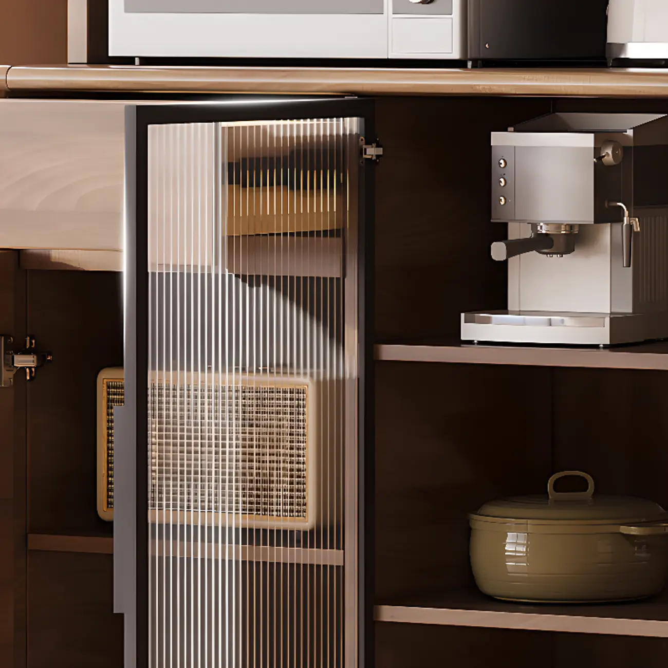 Kitchen Brown Wooden Hutch Top Sideboards with Pegboard Back