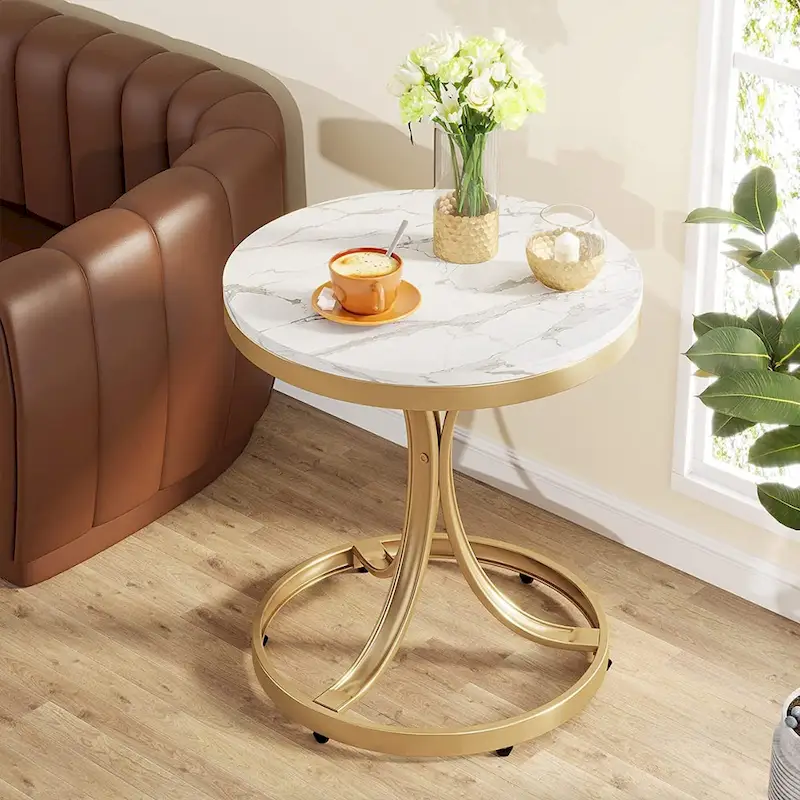 Round Side Table with Faux Marble Top and C-Shaped Metal Legs