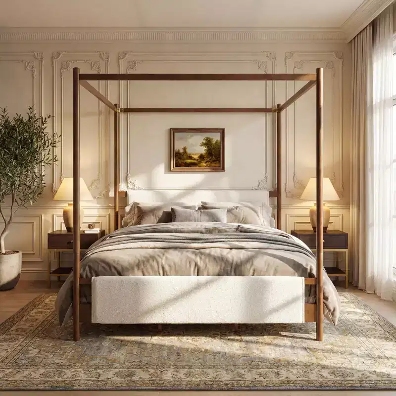 Christopher Knight Home Ricky Modern King Size Rubberwood Boucle Upholstered Canopy Bed