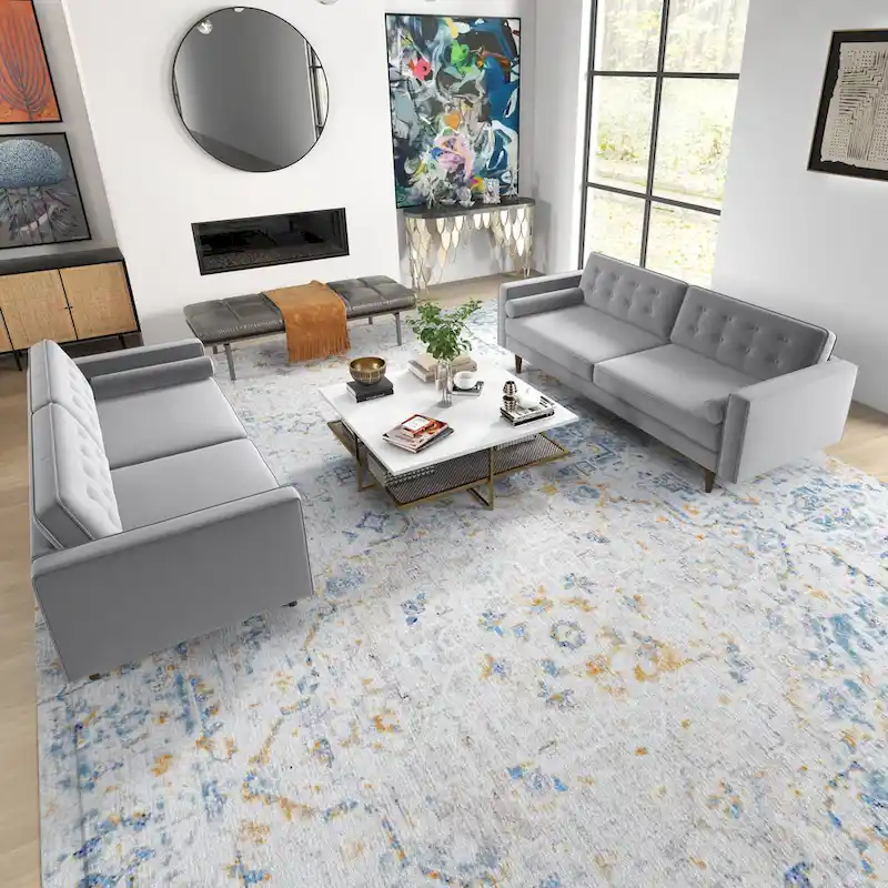 Kenzo Mid Century Pillow Back Velvet Sofa and Loveseat Set