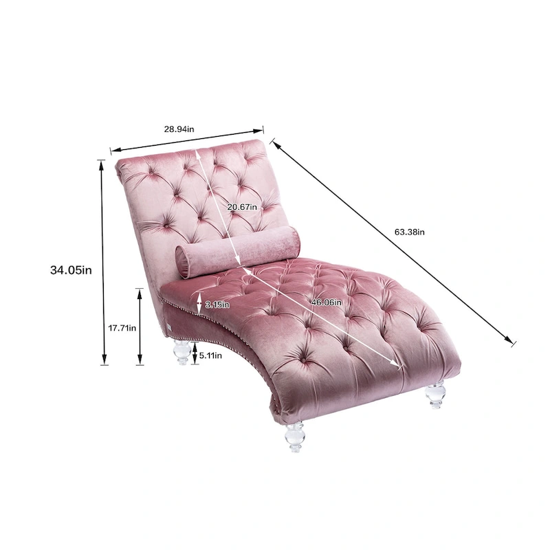 Button-Tufted Upholstered Velvet Recliner Chaise with Pillow and Acrylic Feet